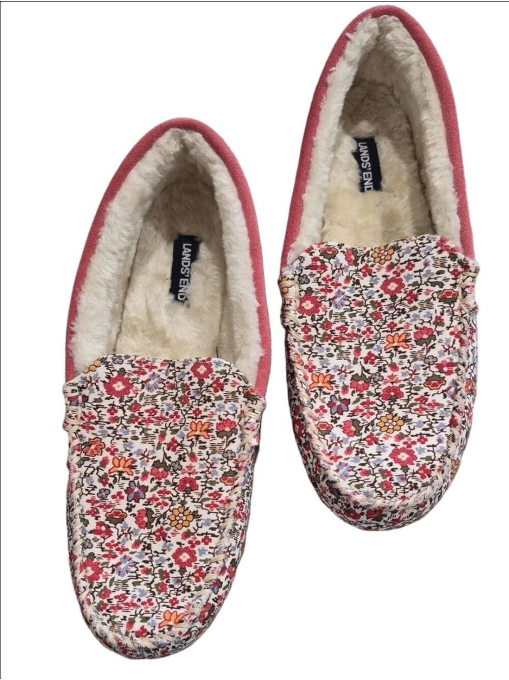 Lands' End Women's Flannel Moccasin Slippers Floral Ivory Pink Size 9B